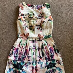 Topshop Sleeveless Dress in Cream with Multicolor Floral Watercolor Print